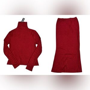 Prettylittlething‎ Rib Knit Turtleneck Top And Maxi Skirt Set burgundy size 8